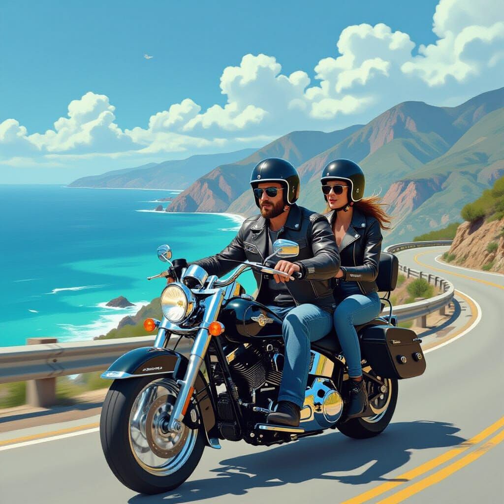 Couple on Harley Ride with Ocean View