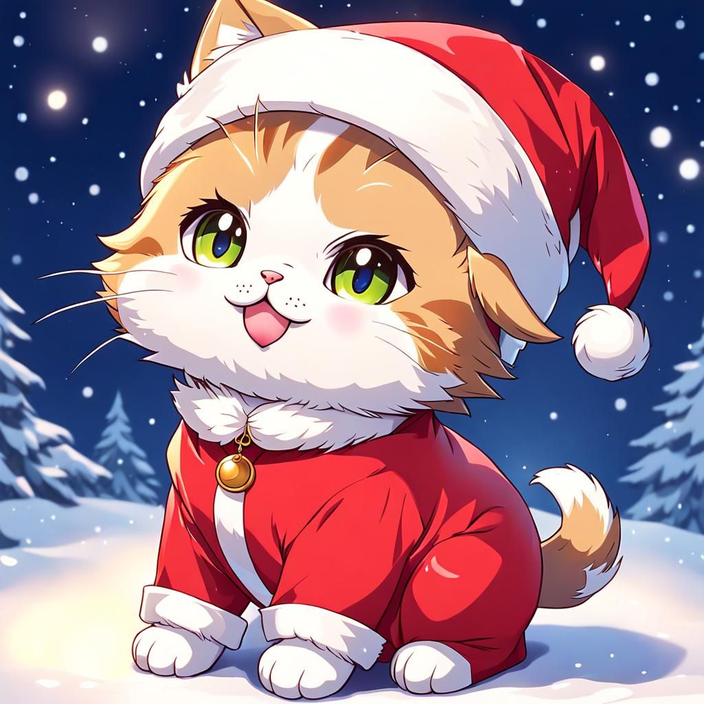 Cute Kitten in Santa Hat: Anime Style