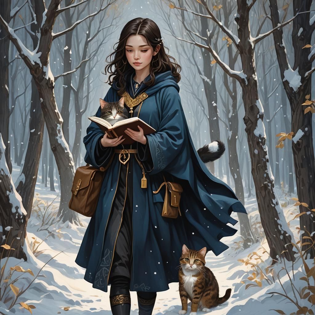 Girl with Books in Snowy Forest: Dark Fantasy Illustration
