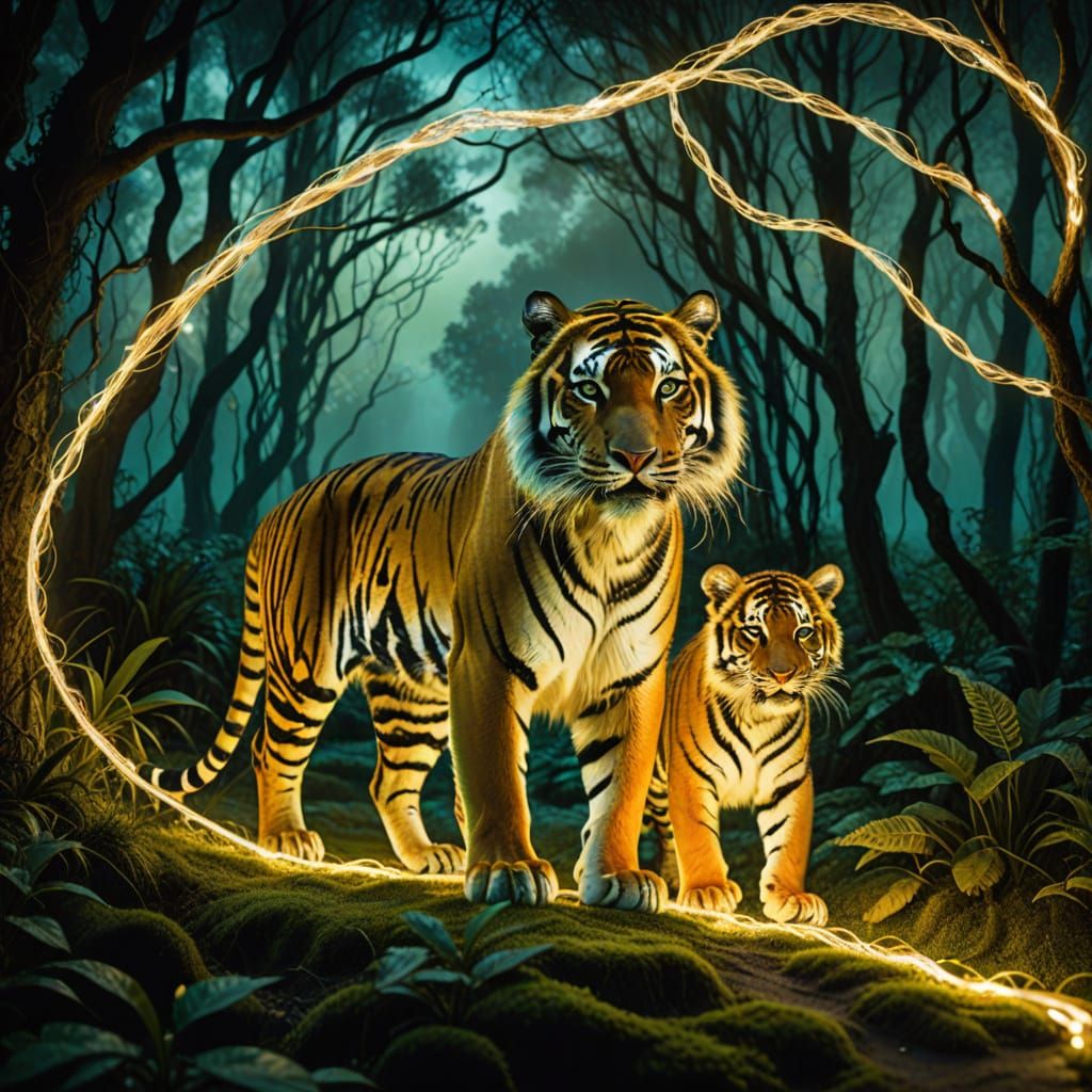 Tigers in a Dreamlike Forest Glade