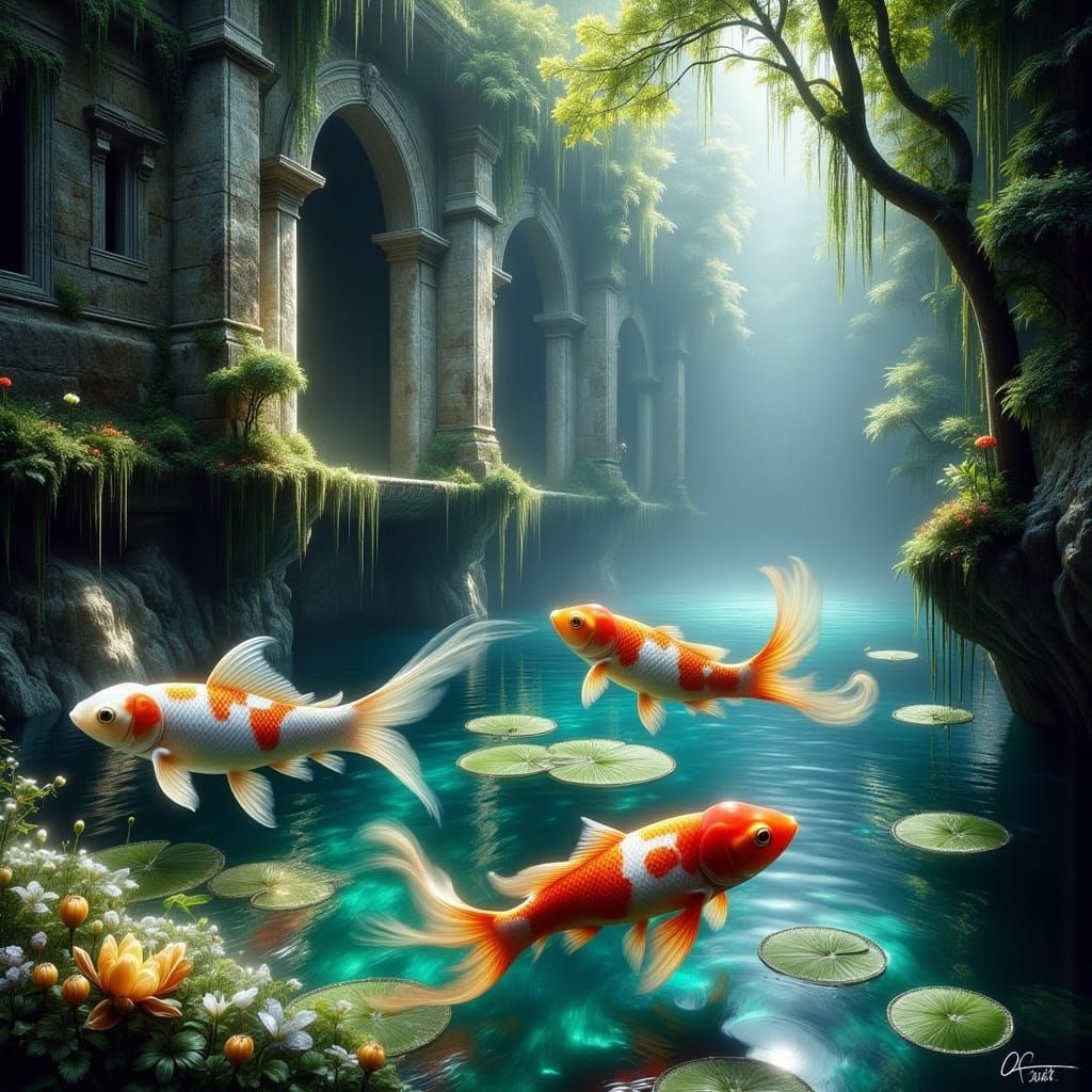 Koi Fish in Grotto: Surreal Ethereal Dreamscape