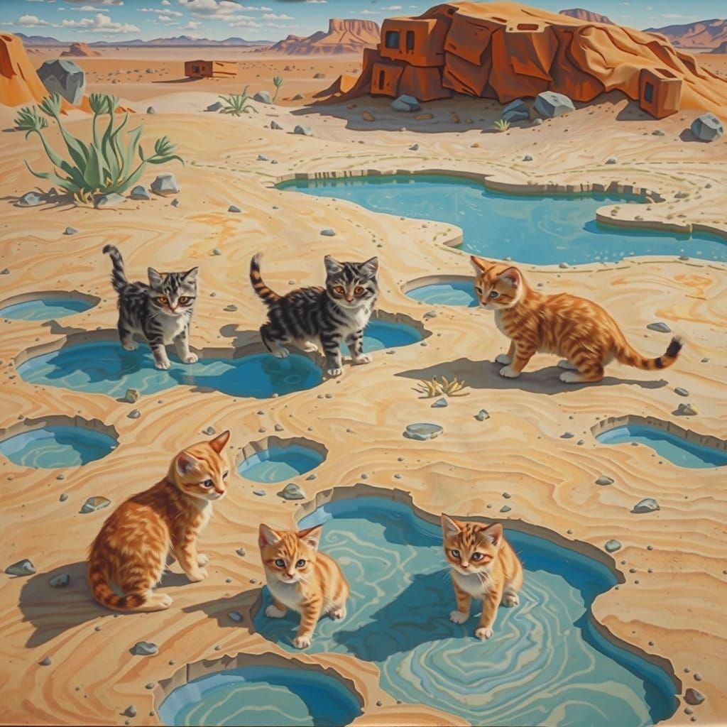 Desert Oasis with Kittens in Vibrant Collage Style