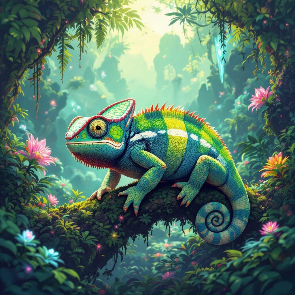 Bioluminescent Chameleon in Alien Jungle, Ghibli-Inspired