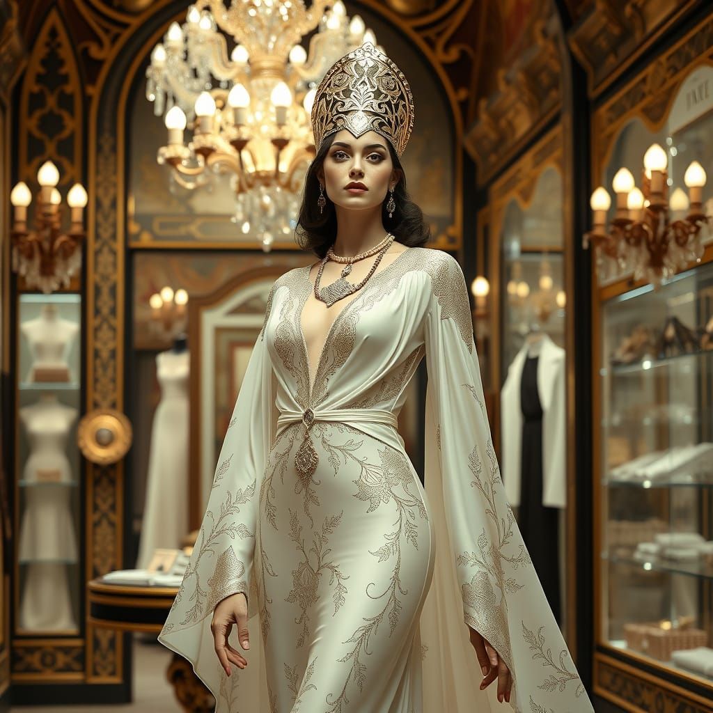 Elegant Goddess of Fashion in Luxurious Boutique