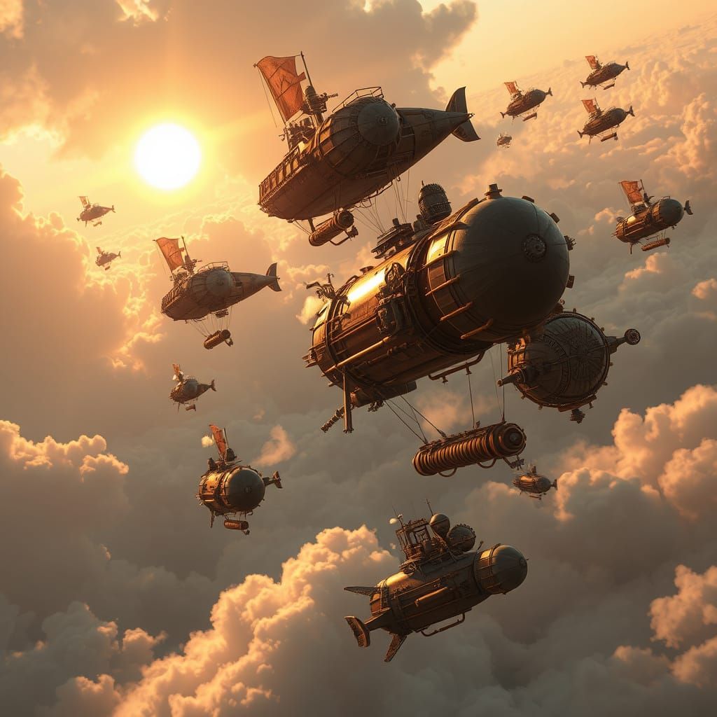 Steampunk Airships Drift Through Sun-Drenched Clouds