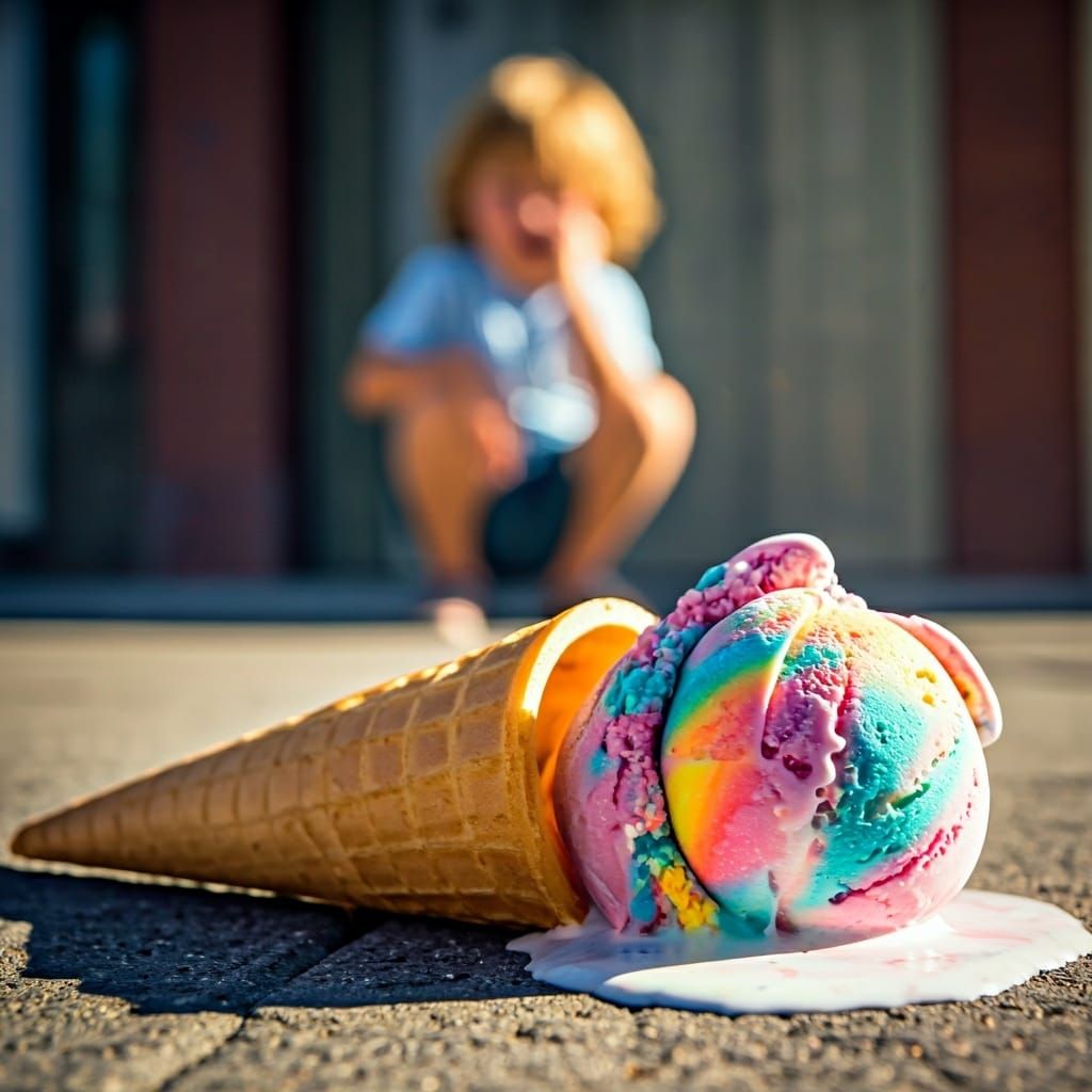 Melting Rainbow Ice Cream Cone Macro Photo