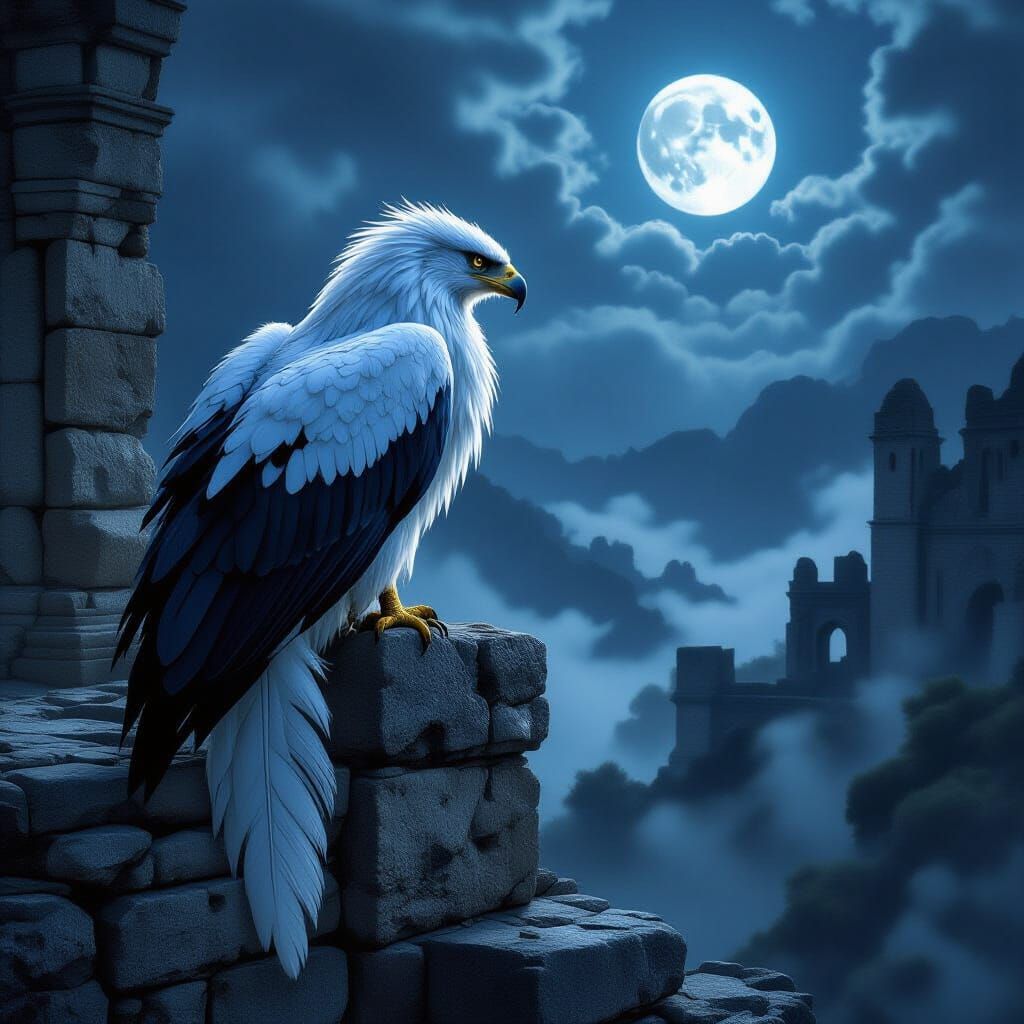 Majestic Griffin on Ancient Ruin in Moonlit Valley