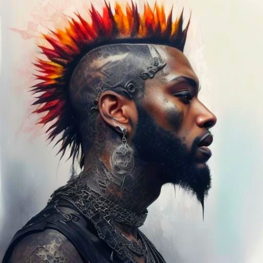 Intricate Watercolor Portrait of Punk Metalhead with Jewelry