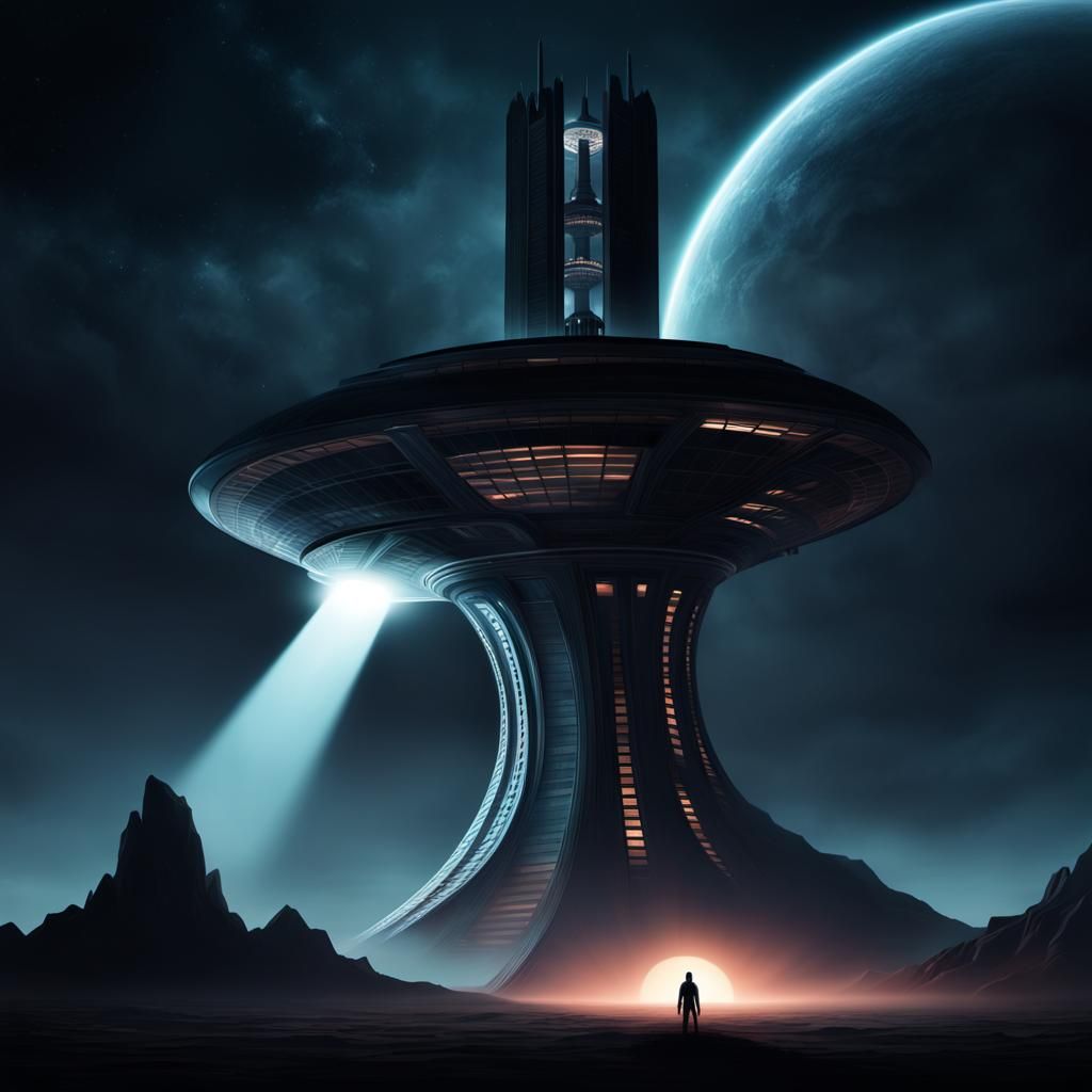 Sci-Fi Tower Shadowed by Alien Spaceship