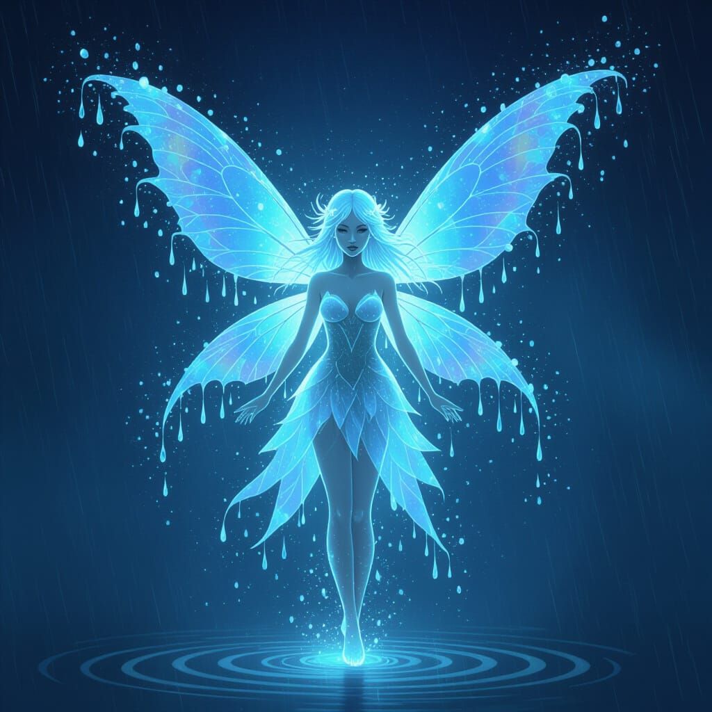 Ethereal Rain Fairy Transforming into Water Droplets
