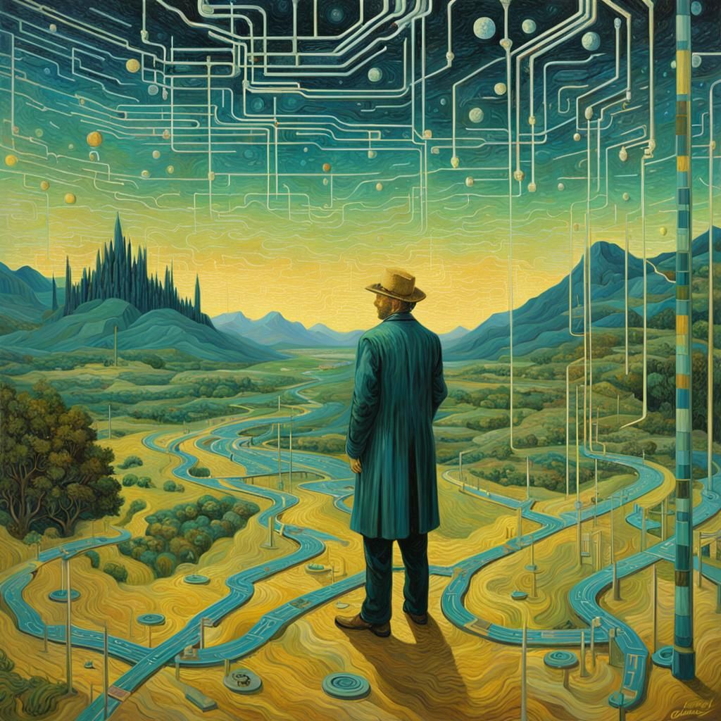 Van Gogh in a Surreal Data Stream Landscape