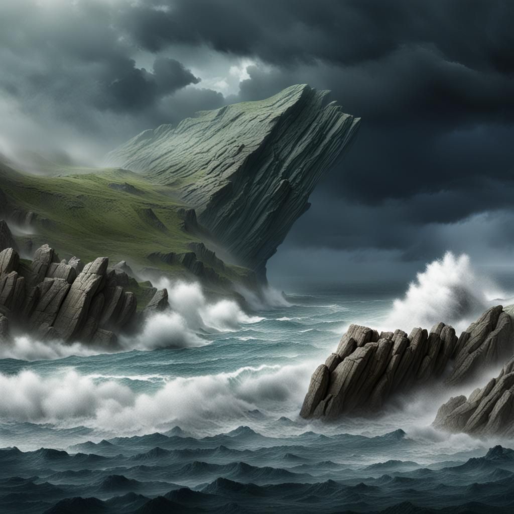 Rock Book Amidst Ocean Storm: Matte Painting