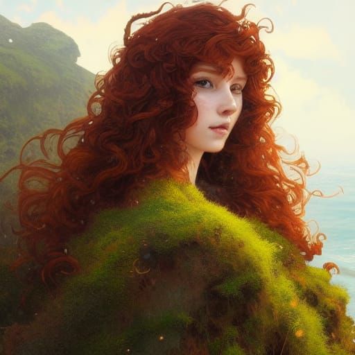 Attractive Redhead Portrait on Mossy Sea Cliff