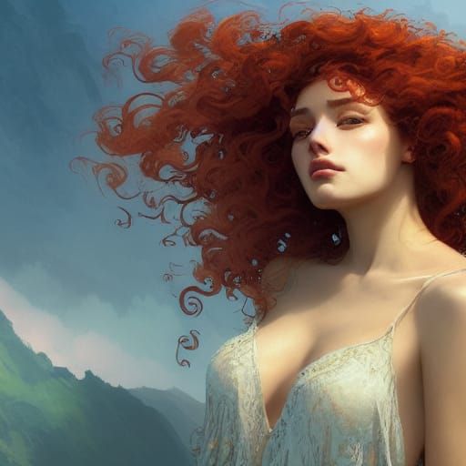 Red-Haired Girl Portrait on Mossy Sea Cliff