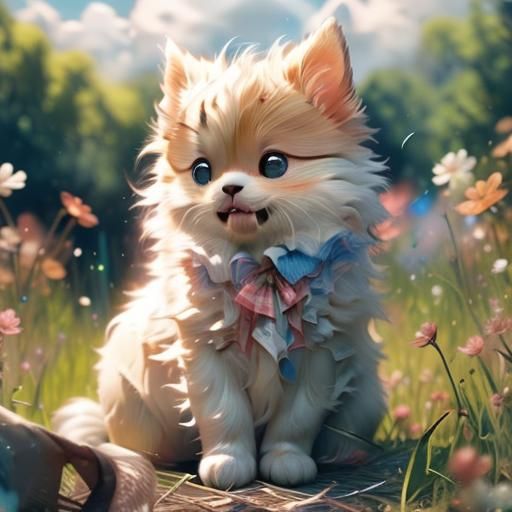 Golden Retriever Puppy in Anime Style Meadow