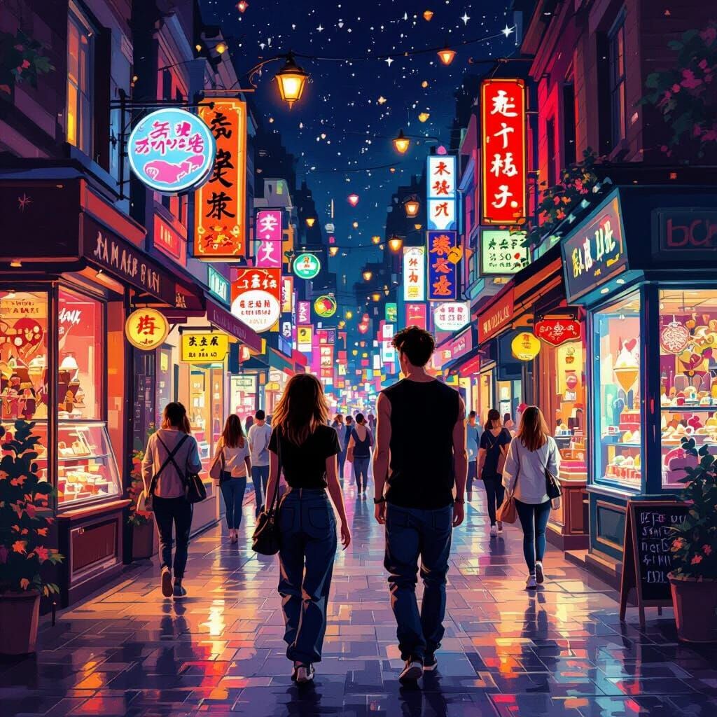 Vibrant City Street at Night with Shoppers in Painterly Styl...