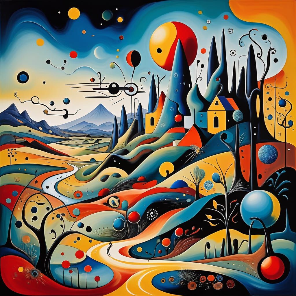 Surreal Dreamscape with Biomorphic Shapes in Miró Style