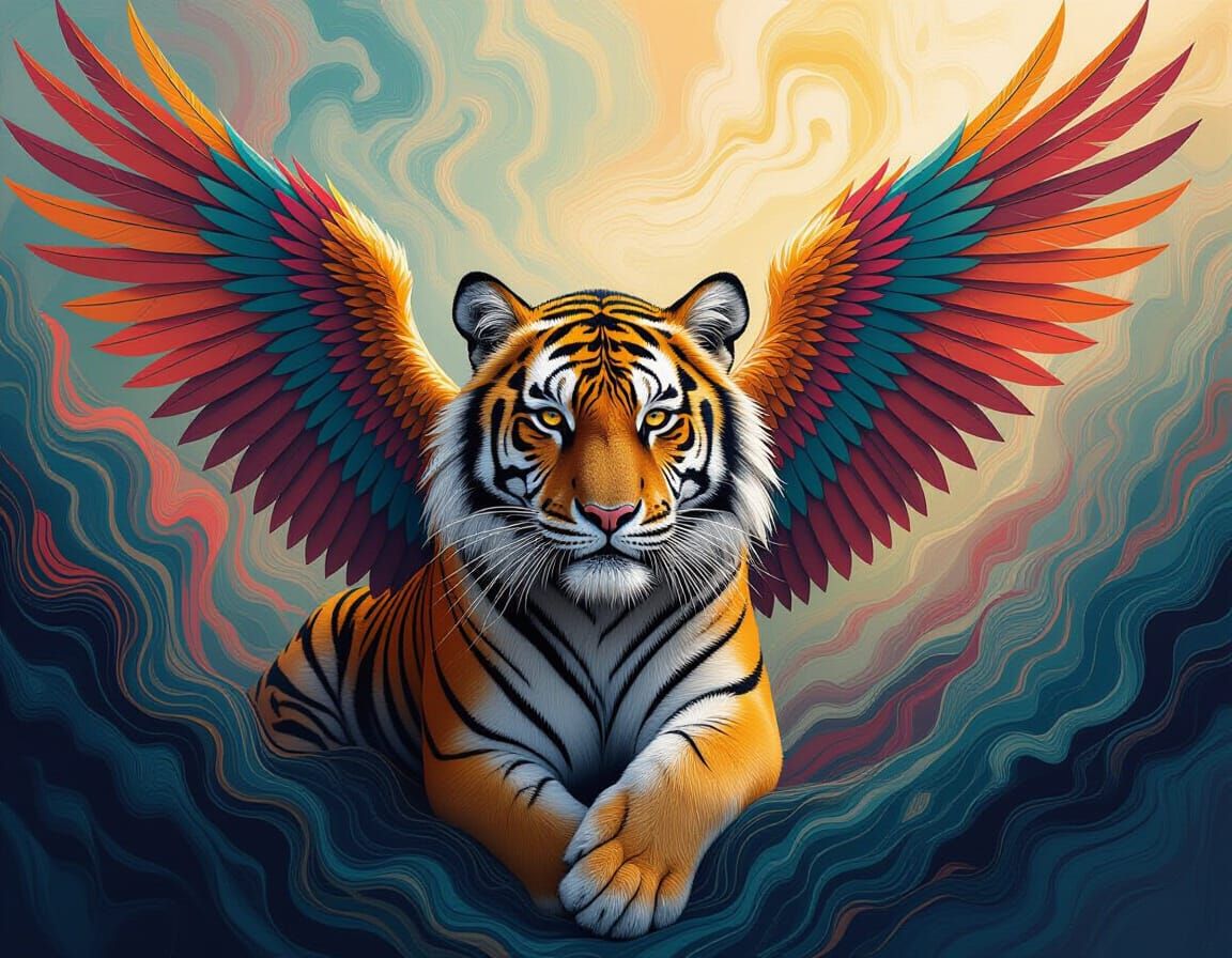 Winged Tiger Soaring in Abstract Landscape