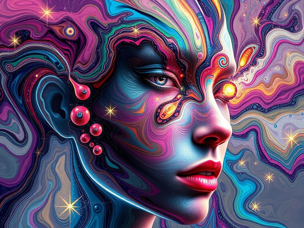 Ethereal Fractal Portrait with Swirling Patterns and Glowing...