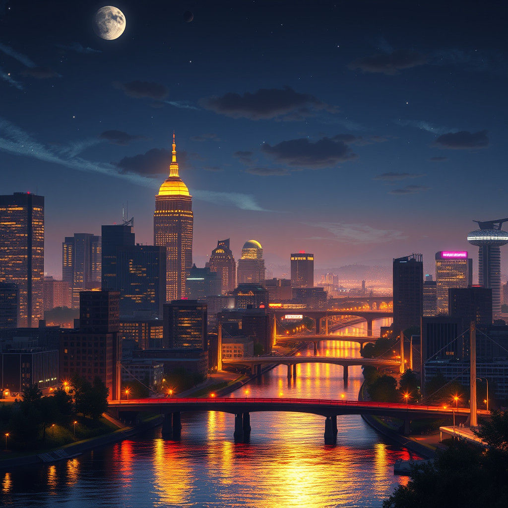 Portland Oregon Skyline in Studio Ghibli Anime Style