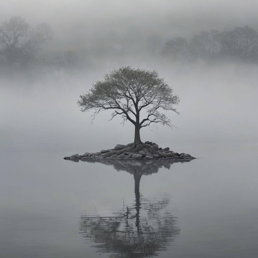 Monochrome Island Tree Reflected in Misty Lake