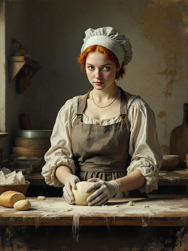 Redhead Baker Kneading Dough in Surrealist Style