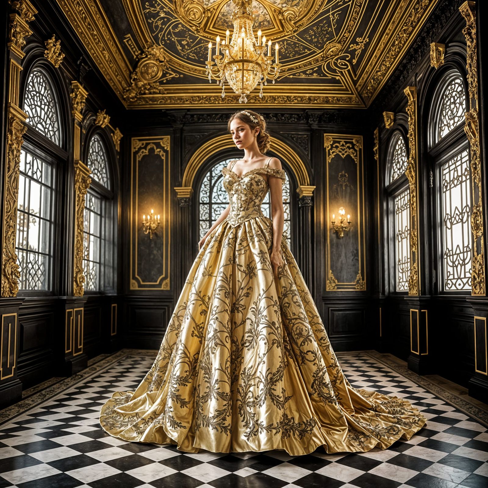 Surreal Gingham Wedding Dress in Art Nouveau Architecture