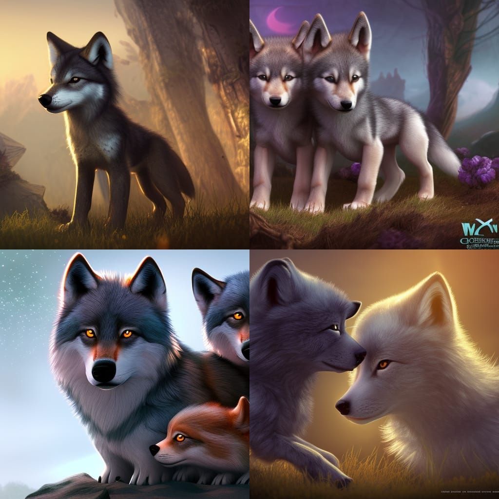 Cute Wolf Puppies in Detailed Digital Painting
