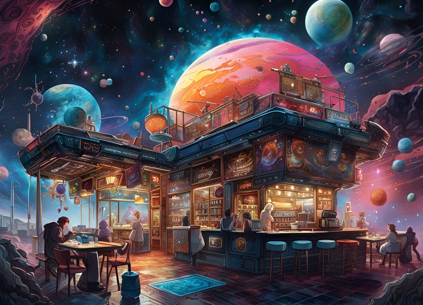 Cosmic Coffee Shop in Space: Digital Illustration