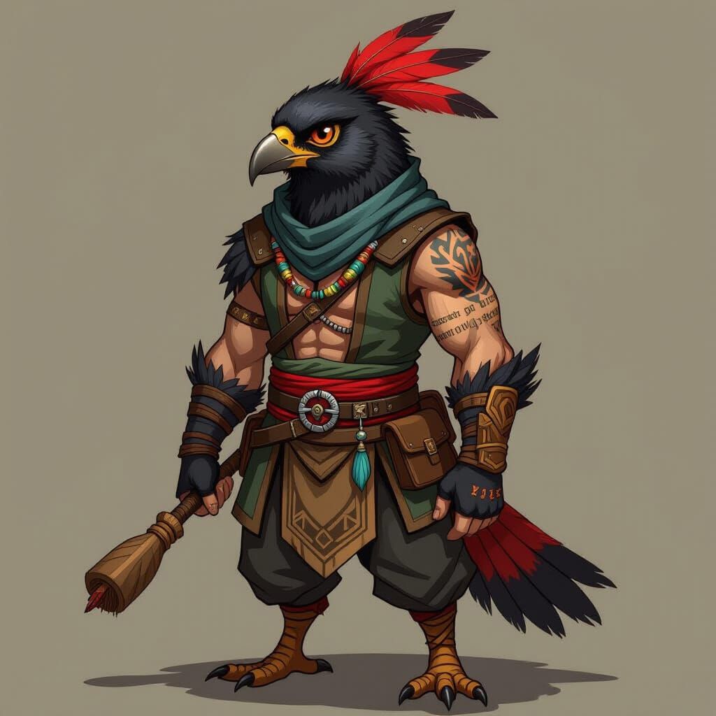 Kenku Warlock Character Portrait with Tribal Tattoo