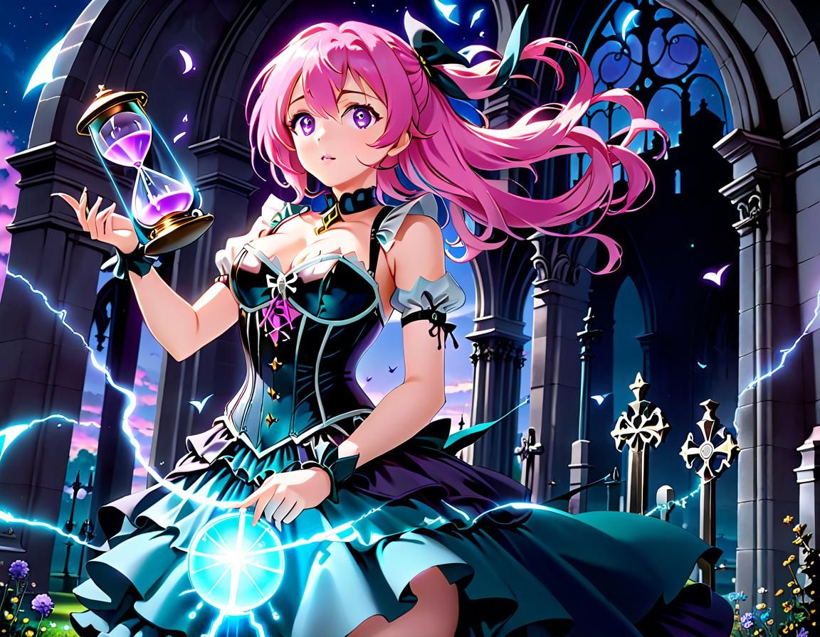 Anime Magic User Wielding Power in Cemetery