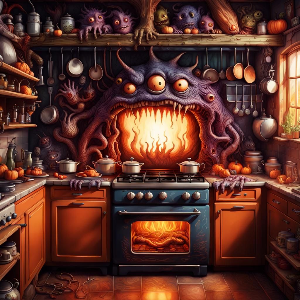Hyperdetailed Spooky Kitchen with Monster Families