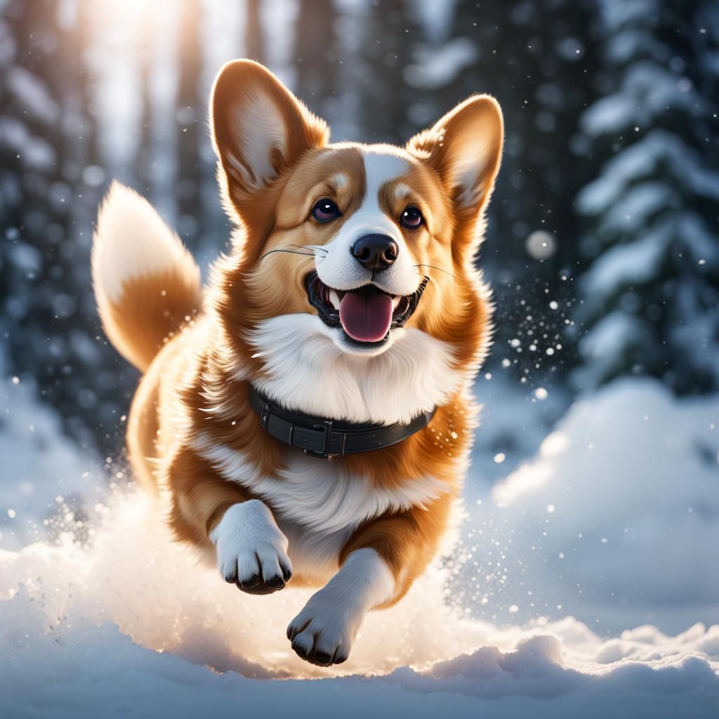 Corgi's Winter Joy: A Detailed Fantasy Painting