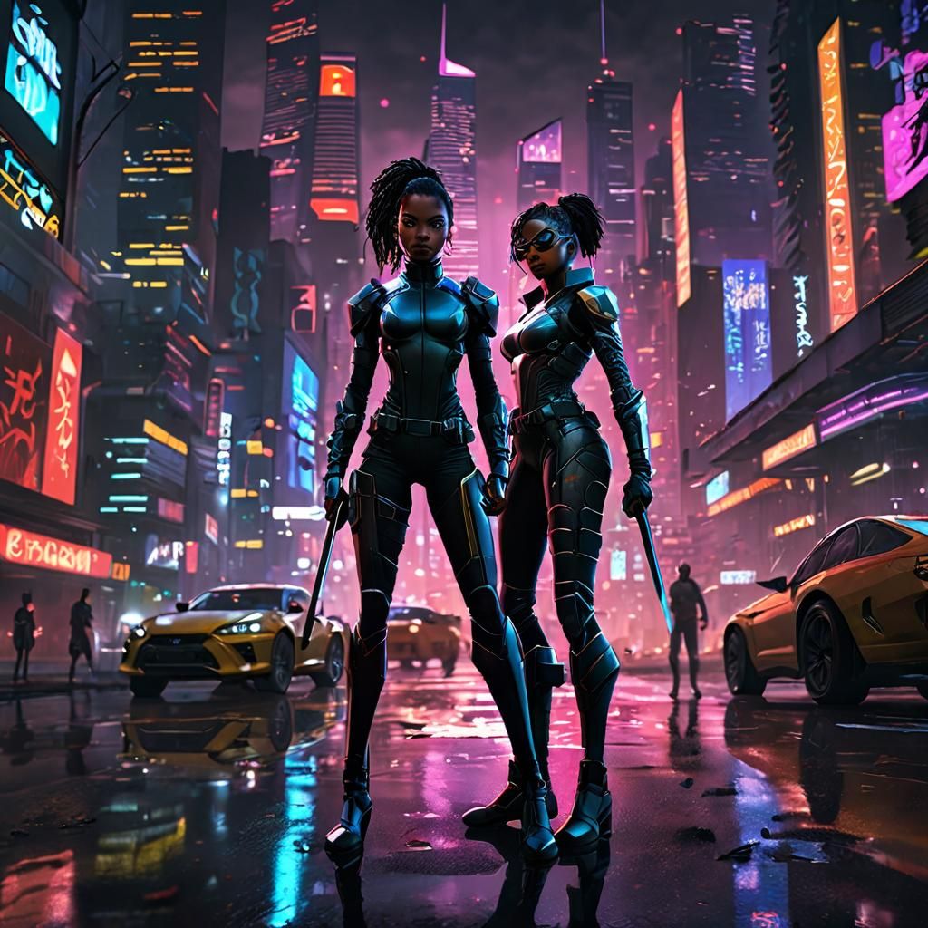 Superhero Ninja Confrontation in Neon Cityscape