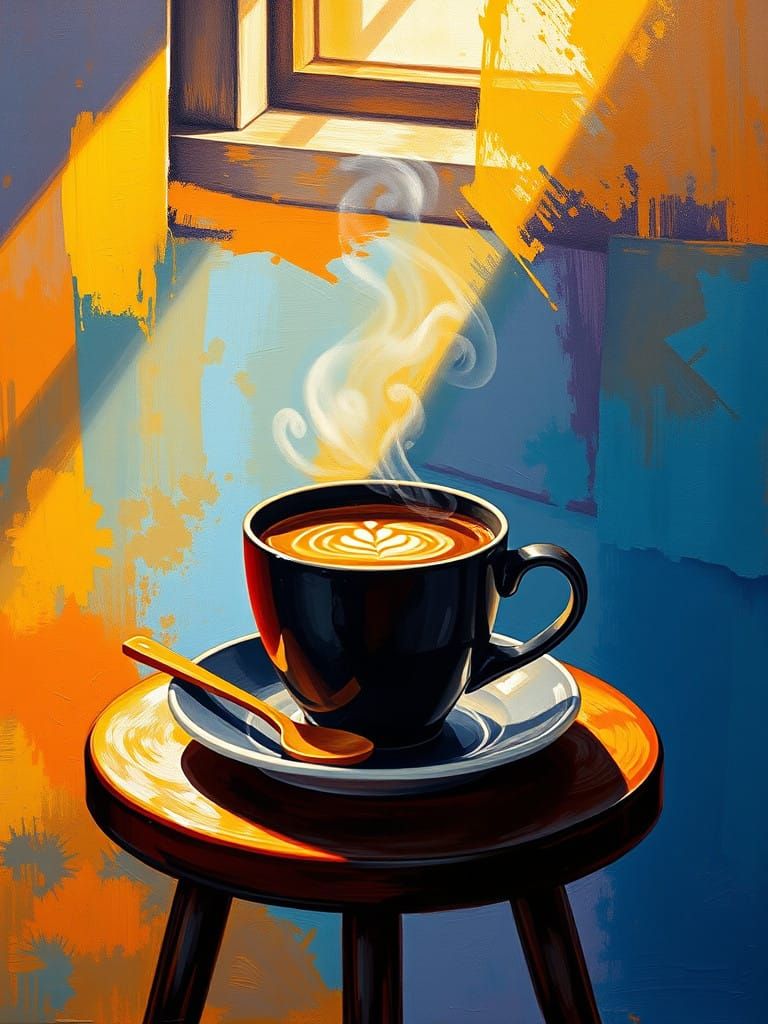 Cozy Morning Coffee Scene in Vibrant Oil Painting Style