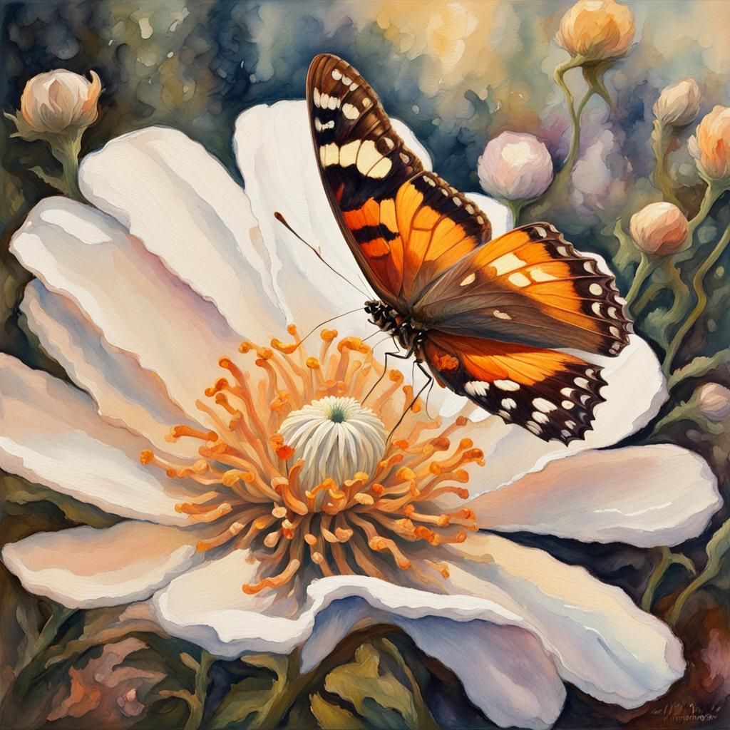 Butterfly and Anemone Flower in Watercolor