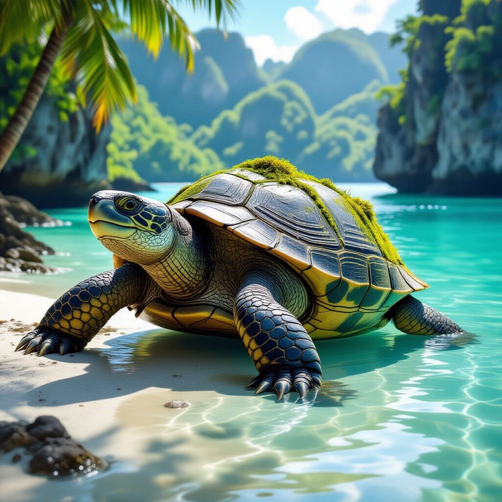 Extinct Giant Turtle Resting on Tropical Island