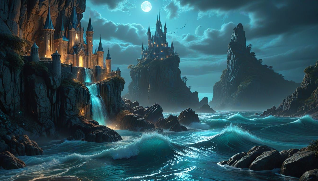 Ethereal Fantasy Castle Amidst a Glowing Ocean at Twilight