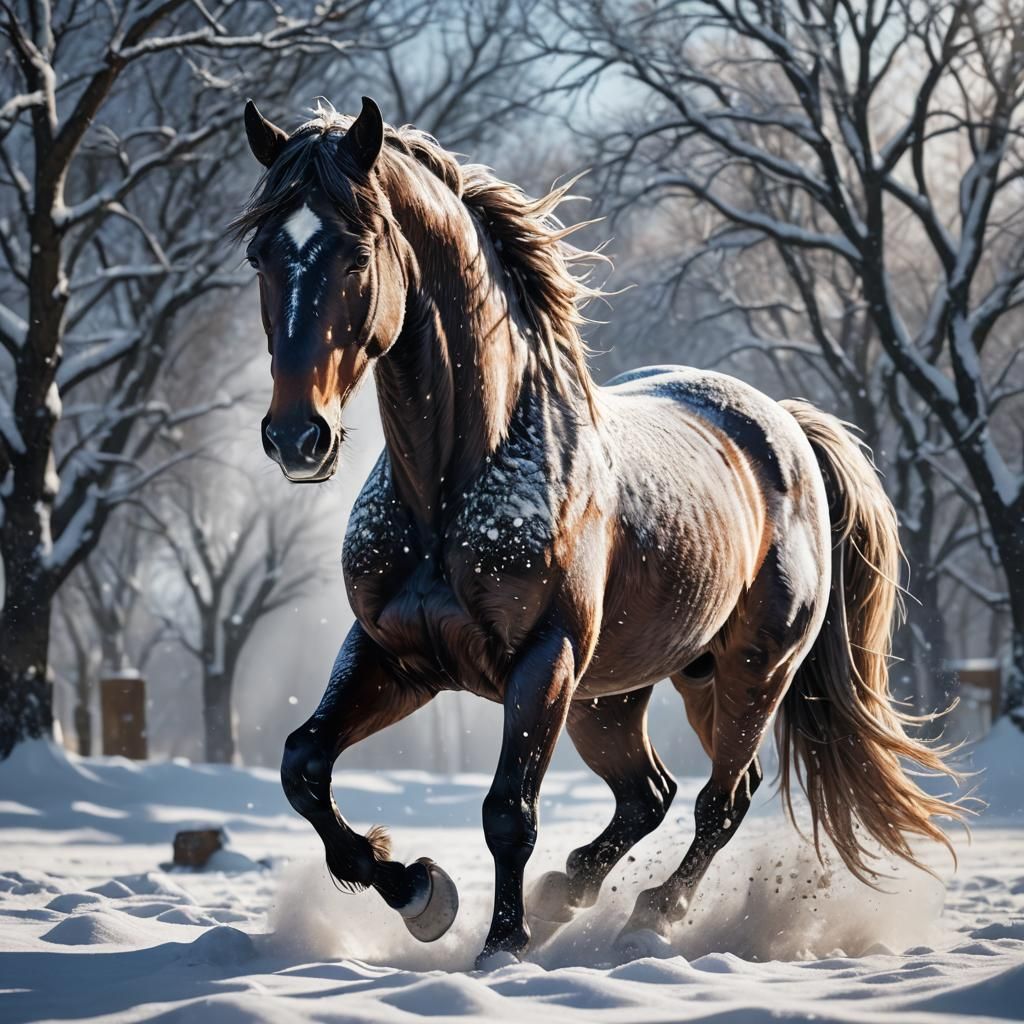 Horse Playing in Snow: Hyperrealistic 3D Render