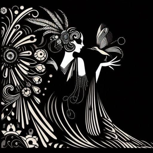 Elegant Art Deco Cut-Paper Scene with Stylized Woman in Prof...
