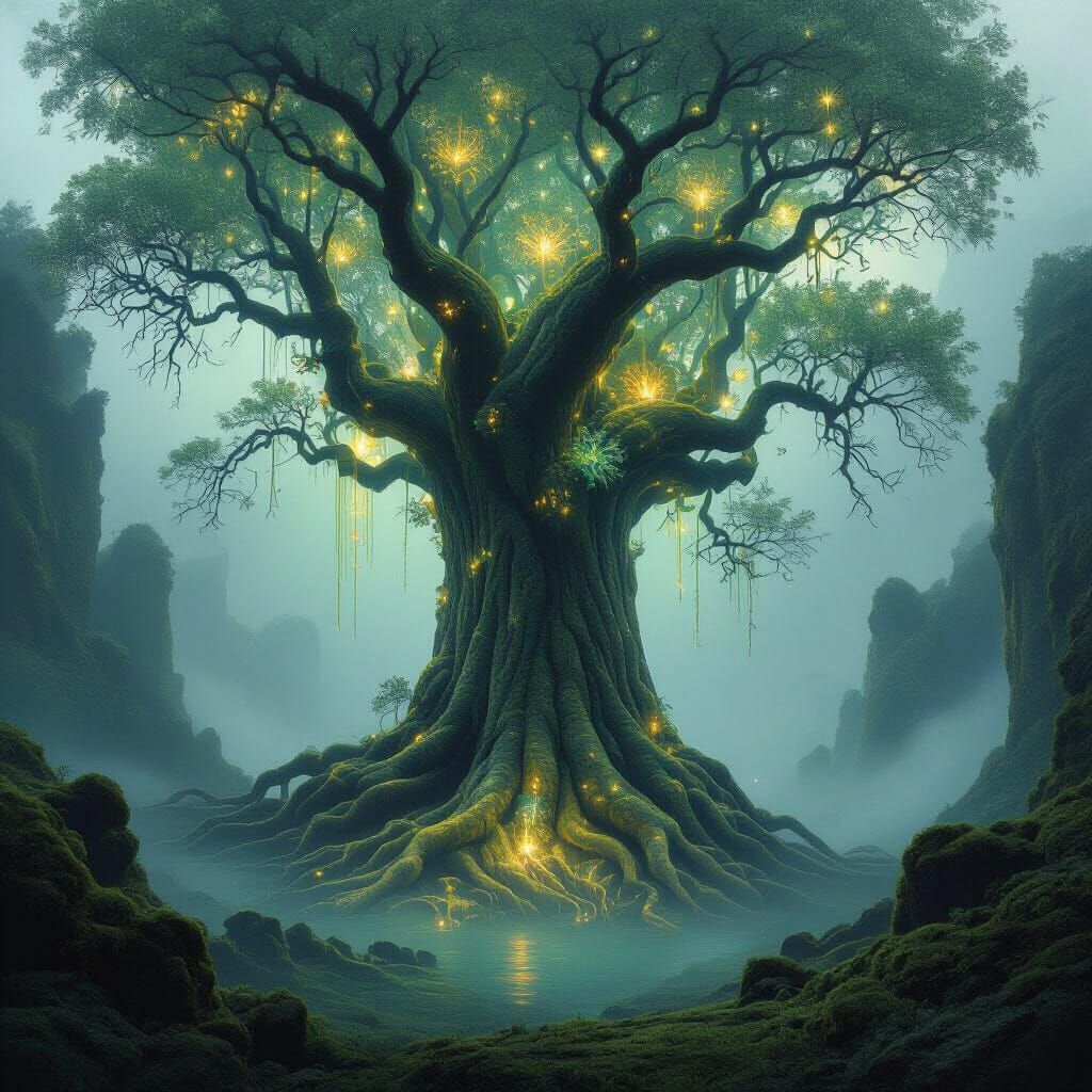 Bioluminescent Ancient Tree in Dreamlike Fantasy Landscape