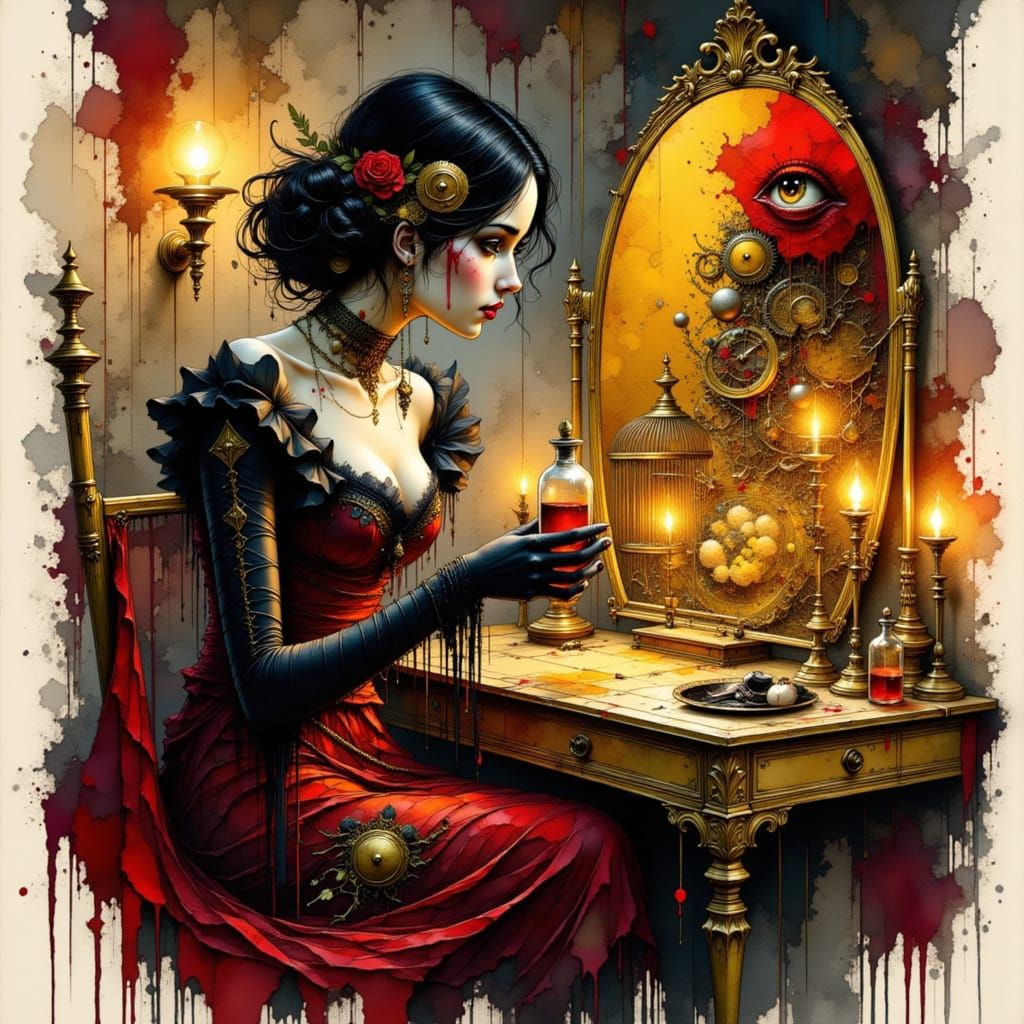 Vampire Noblewoman's Distorted Reflection in Decadent Boudoi...