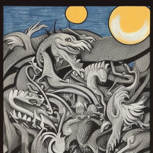 Dragons in Vorticism Surrealist Style