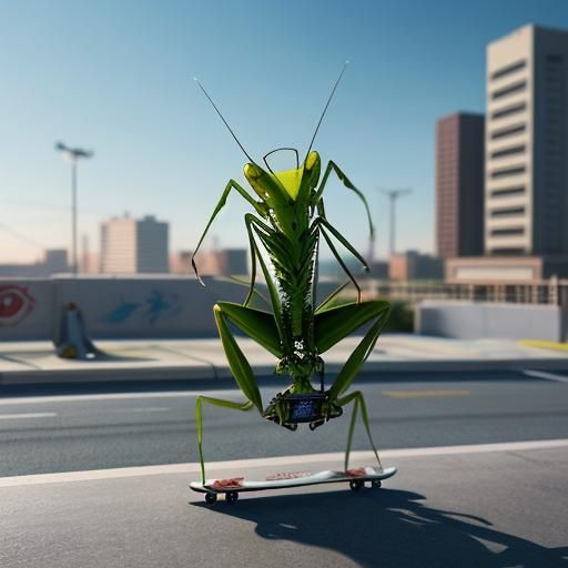 Skateboarding Praying Mantis in 3D Anime Art