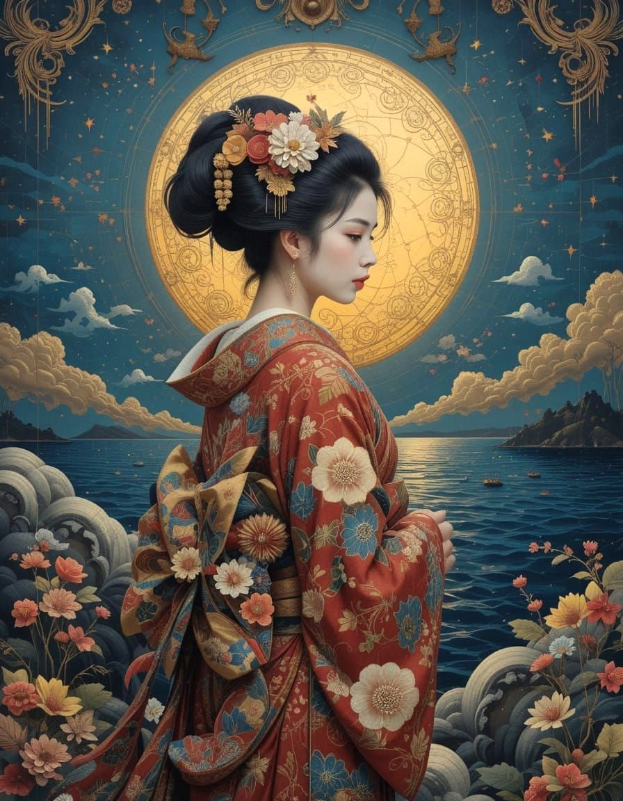 Vibrant Geisha Adorns Medieval Japan with Radiant Moonlight