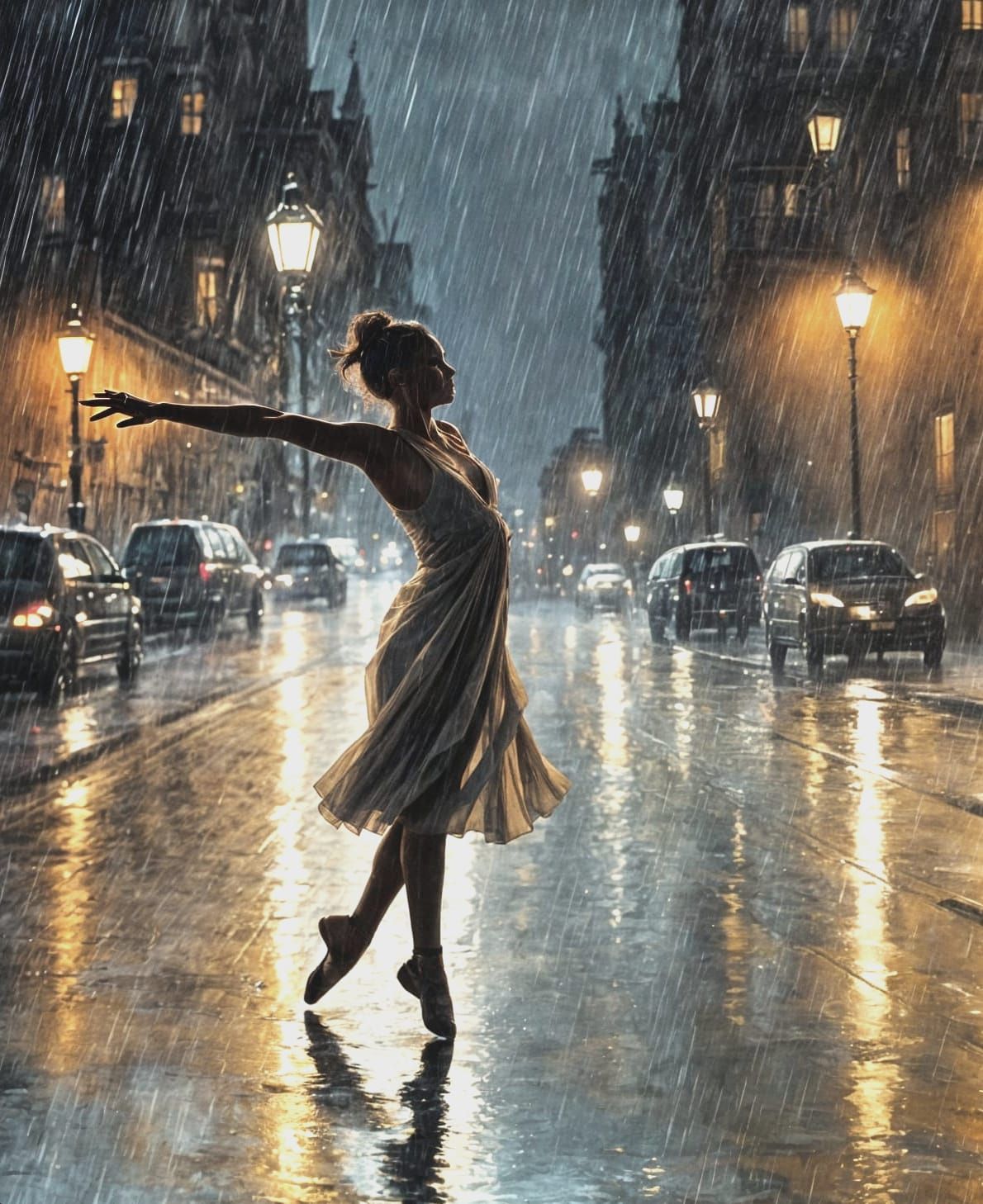 Modern Dancer in the Rain at Night