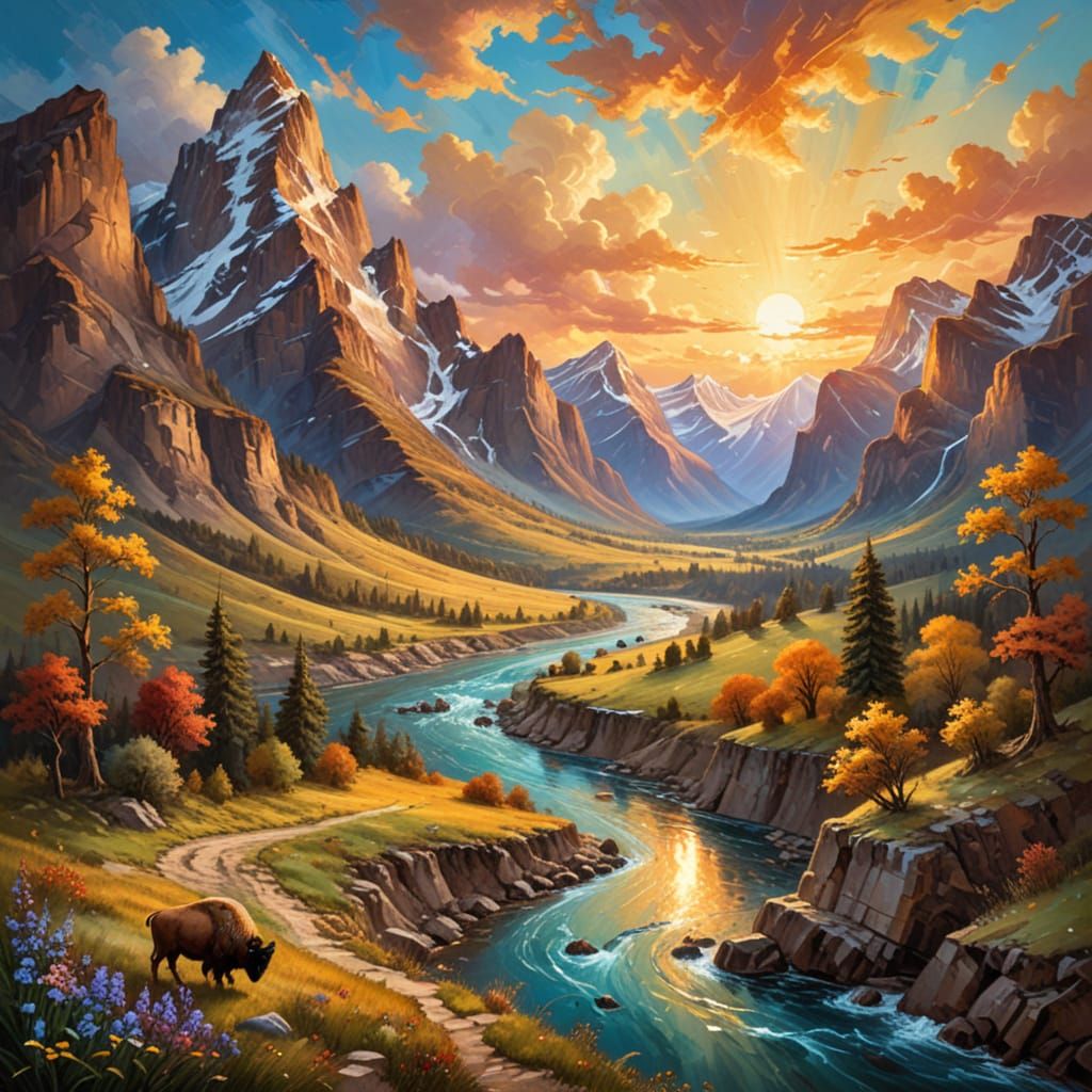 Majestic River Valley Landscape in Filigree Oil Impasto Styl...