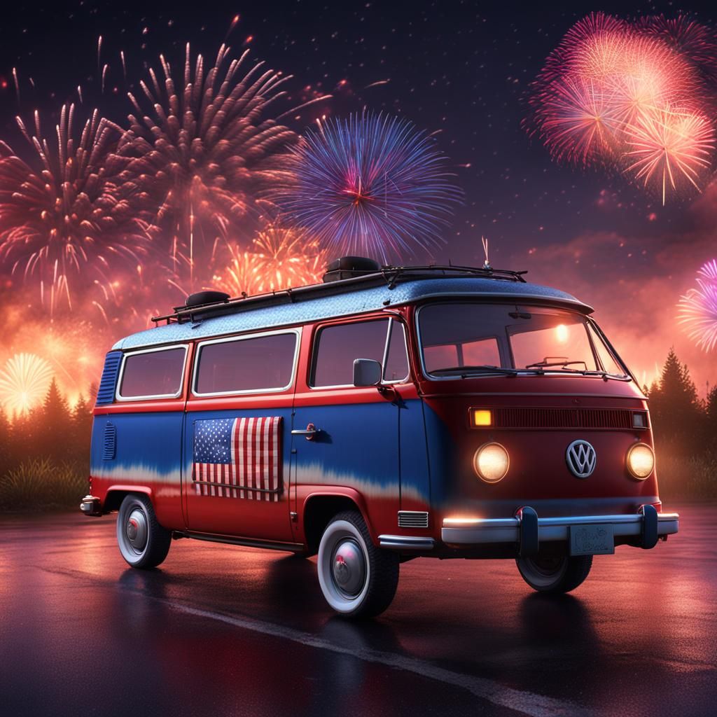 American Flag VW Van with Fireworks at Night