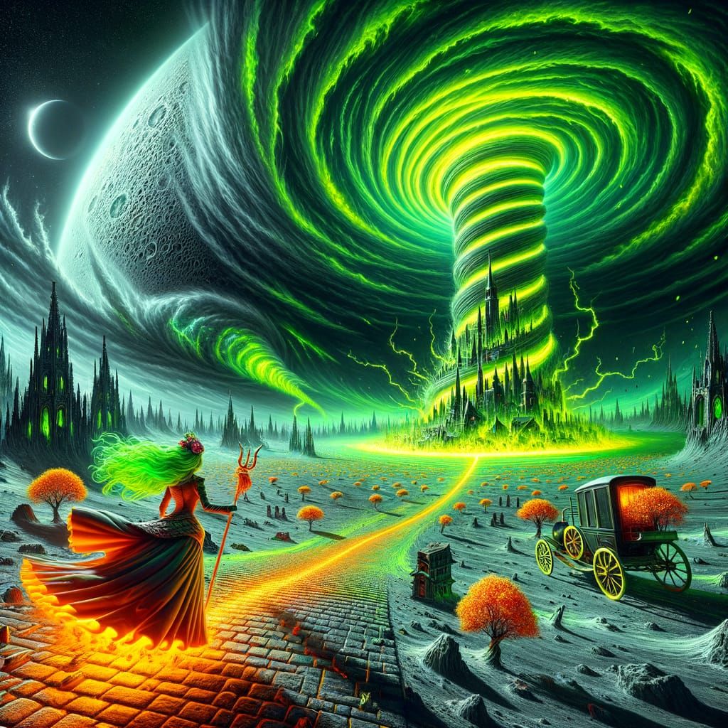 Dystopian Moonscape with Neon Vortex and Gothic Tornado