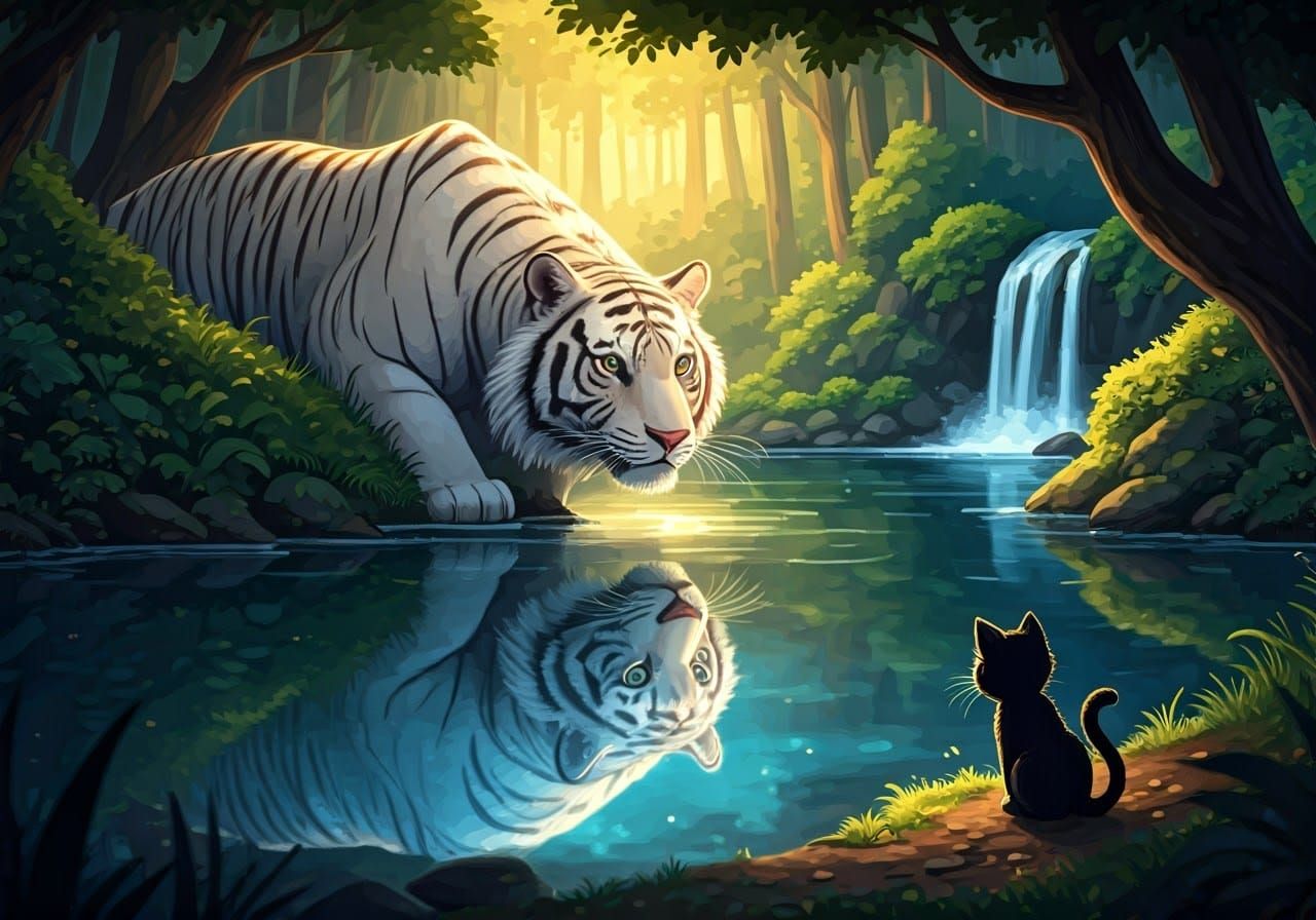 White Tiger, Black Kitten in Anime Style Lake Scene